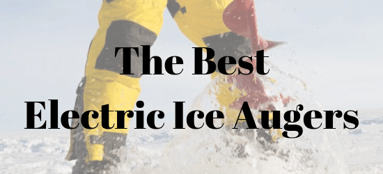 Man in yellow bibs drilling a hole in the ice with a red ice auger.