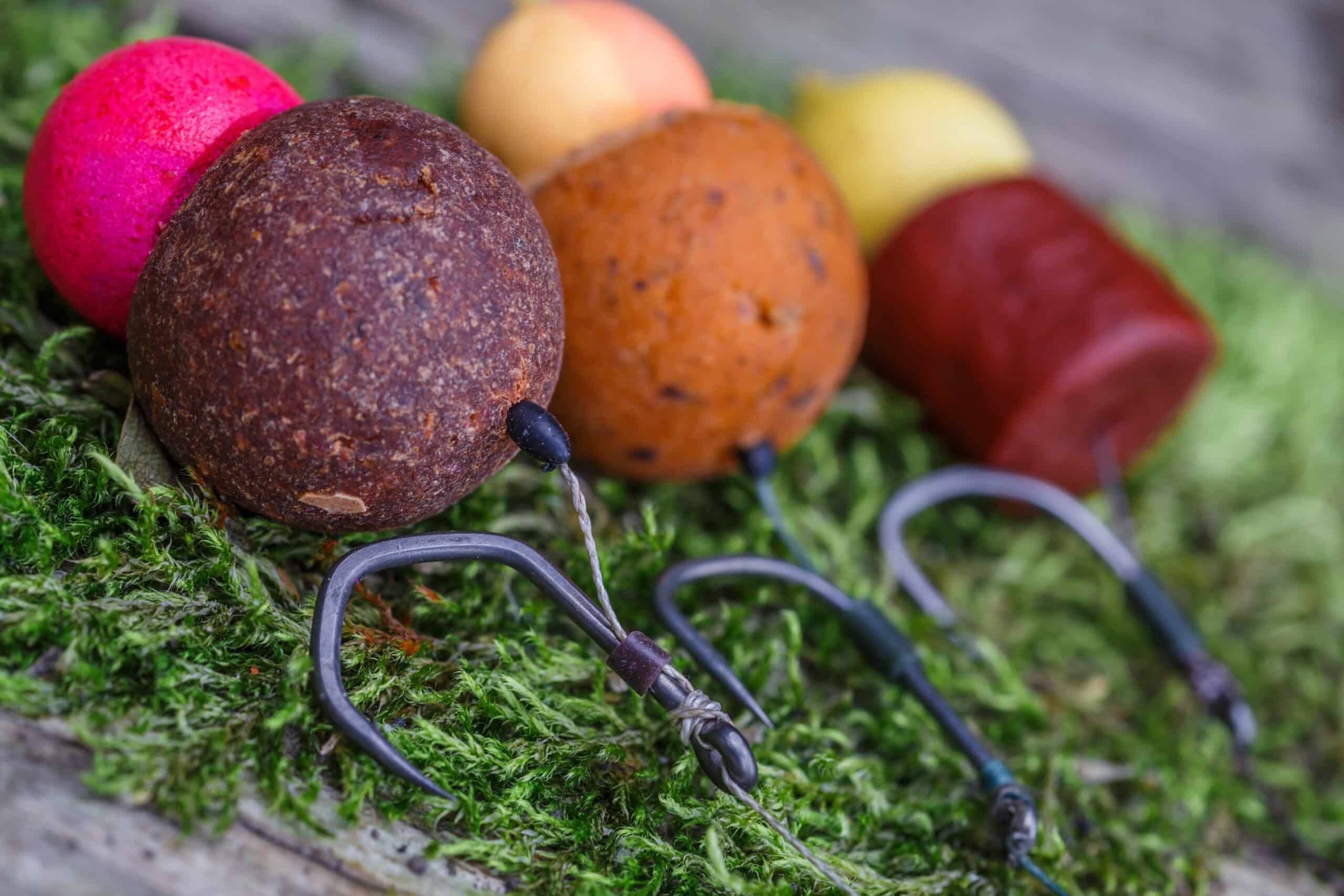 Carp fishing chod rig.The Source Boilies with fishing hook. Fishing rig for carps,Carp boilies, corn, tiger nuts and hemp.Carp fishing food boilies.